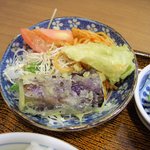 さかい食堂 - 刺身定食のおかず（天婦羅とナポリタンとサラダ）