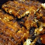 炭焼うな富士 - 鰻はなんと上部に敷き詰めているだけでなくご飯の間にも入っていましたよ。大量の鰻が入っています。嬉しいですね。十分に堪能できますよ。