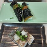 寿司 若竹丸 - (上から)揚げナス・焼きサバ