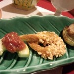 Torigoe No Yado Sanrakuen - 胡瓜もろみ酢、玄米衣の海老フライ、玉ねぎ