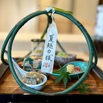 よし澤 - ◉八寸(2色のトウモロコシのすりながし、枝豆、新じゃがいもの酒盗和え、冬瓜とミニトマト、イワシと大根ときゅうり)