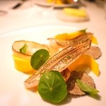 レフェルヴェソンス - 鱚を軽く炙って、小玉葱と夏トリュフ、芥子味噌、琉球マンゴー、バジルとナスタチウムの葉
