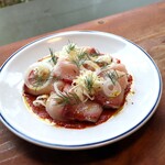 Hachihare - "じじが釣った"  ブリのカルパッチョ　焼きパプリカのソース