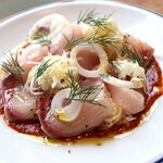 Hachihare - "じじが釣った"  ブリのカルパッチョ　焼きパプリカのソース