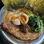 RAMEN HITONI YASASHIKU - 【海苔ラーメン＝tp菠薐草×ニラ辛×半コツsv味付玉子】