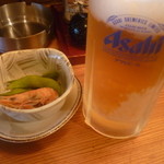 Chie Zou - ノンアルコールビール一杯目、付きだし枝豆、茹で海老