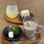 月下老 - Sweets&Drinkset ホワイトチョコ入り抹茶パウンドと、スパイス豆乳チャイICE、酒粕チーズケーキと、スパイシージンジャーソーダ