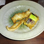 らんぷ亭 - 天ぷら3種　舌平目、佐土原なす、キス　熱っつ熱つで、程良い塩味でこれも美味しかった。