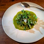 らんぷ亭 - クレソン、アスパラ、◯◯豆のスープ　これも程良い塩味の手が込んでいるなあと、実感出来る美味しスープでした。