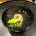 味享 - 縞海老真薯、うるいと菜の花