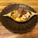 モダンスパイス 虹の仏 - 子持ちの渡り蟹　バター炒め　エルブドプロバンス　黒胡椒で蒸した鱧　インゲン豆と小松菜のスパイスソース（少な目かな？ｗ