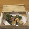 魚と炭と鉄板と ととと - 前菜盛り合わせ（梅のみつに、合鴨ロース、素麺のゼリー、びわの白和え、海老のうまに、穴子の手毬寿司）