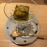 302870467 - 先付け、焼きナスゼリー寄せ、とうもろこしソース、雲丹、ゆず 