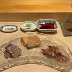 鮨 はしもと - 珍味三品（蛍烏賊味噌漬け/あん肝/シャコ）