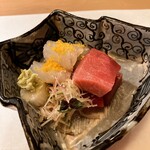 ひろ作 - 本鮪と鰈の昆布〆唐墨さんでーす。⑤