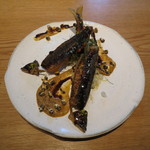 ラ・ボンヌターブル - 鮎の揚げ炙り、そのウルカのタレ、焼きとうもろこしとそのピュレ、フェンネルのサラダ、ライチのドレッシング3