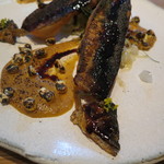 ラ・ボンヌターブル - 鮎の揚げ炙り、そのウルカのタレ、焼きとうもろこしとそのピュレ、フェンネルのサラダ、ライチのドレッシング1