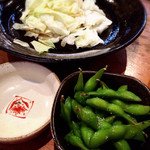 Douraku tei - お通しの枝豆とタレとキャベツ