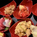 庖丁一本 - なめたけ　揚げた鯛に甘辛トマトたれ　鯛の子煮　お刺身