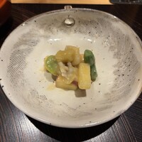 玄水 - 季節のゆず味噌和え、りんご、ほたて、ハモ、スナップえんどう、海老、空豆、ヤングコーン 