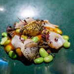 キメラ - 2025.6 イカスミを練り込んだタリアテッレ つぶ貝のソテー 枝豆 パプリカのソース