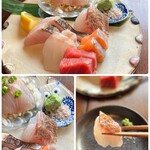 酒膳てんてこまい - ブリは鬼おろしポン酢で、
湯引きした真鯛やひらめは、
ご案内いただいた海藻の塩と山葵でいただきましたが…
海無し県と思えぬ味わいと鮮度！(*´Д｀*)♡
美味しさにビックリ！！