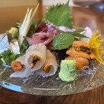 うなぎ割烹山田 - 鯵と雲丹と平政のお造り＆平目雲丹巻き