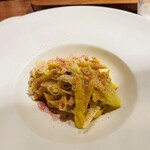 cenci - 桜ホワイトアスパラ鯛白子タリオリーニ(自家製のタリオリーニ、桜の花びらを乾燥させパウダーに。)