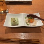 ばんから - お通しの〇〇(ｱﾎﾞｶﾄﾞだっけ?)豆腐とｷﾝｶﾝ(鶏のね)おろし