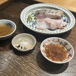 御料理 ふじ田 - お造り（ポン酢、天日塩、辛味大根で）