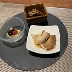 郷家はなれ - ジーマミー豆腐、肉味噌、まいたけ