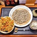 手打ちそば天ぷら 那央人 - あかいかと牛蒡のかき揚げ天丼 と十割ざる（粗挽きそば）