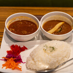 マンドリル - カレープレート（季節野菜のカレー+甘口ビーフカレー）、ご飯 並盛