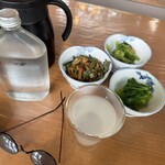 そば処 湧水 - 山菜料理、明日葉おひたし、小松菜わさびみそ和え、焼酎そば湯割り