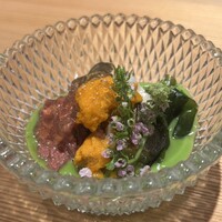 雪花菜 - 蝦夷鮑の酒蒸し、栃木牛の炙り