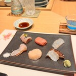 鮨 矢野 - お刺身6種（鯵・中トロ・マコガレイ・たこ・ホタテ・ノドグロ）
