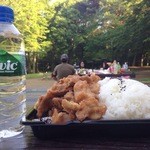 からあげコンちゃん - 塩からあげ弁当MAX、500mlのペットボトルとの比較写真です