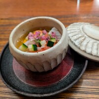 料理屋まえかわ - 冷たい茶わん蒸し ヤリイカとウニ　賽の目のお野菜が美しい