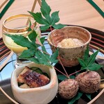 府中庵 待月楼 - １・先付け　うざく　いちじくのふろふき・カンカン娘（とうもろこし）スープ