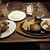 ロイヤルホスト - 料理写真:オニオングラタンスープ、ライス、黒✕黒ハンバーグ&牡蛎フライです。