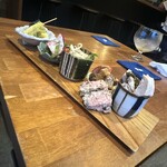 iloilo中華食堂 - おつまみ盛り合わせ六種 1,800円 バイ貝とヤングコーン、小メロン、赤蕪の紫蘇和え、干し豆腐、鰹の藁焼き、自家製パテ、蒸し鶏