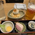 串かつ・すし 道頓堀たちばな - 先付け、ポテトサラダ、大阪ケルシュビール、瀬戸内レモネード