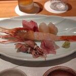 鮨 波やし - 本まぐろトロ、平貝、ボタン海老、ホタルいか、鯵の盛り合わせ