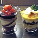 シャトレーゼ - 料理写真:国産さくらんぼのショコラパフェ（左）＆ 瀬戸内レモンと紅茶のカップデザート