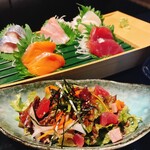 魚吟 新橋店 - 海鮮サラダ、ドレッシングたっぷりで嬉しい！お刺身も全部美味しい〜！