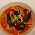 代官山ASO チェレステ - サルディーニャ島郷土料理　キノコ入りパンノッキエ　ピリ辛いトマトと魚介のスープに絡めて