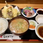 しんのすけ - 天ぷら定食　刺身(三種盛り)付