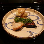 日本料理 晴山 - 2014年8月　甘鯛とイチジク揚げ物　ミョウガとアサツキ