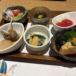 向日葵 - すじこ味噌漬け、もずく、鴨肉、貝とこんにゃく、小肌酢味噌、あん肝