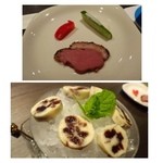 Cafe&Bar TRip - 上：お通しは「鴨とピクルス」・・鴨は苦手ですのでお味はわかりません。
                        下：食後ですので「レーズンバター」だけ頂きました。